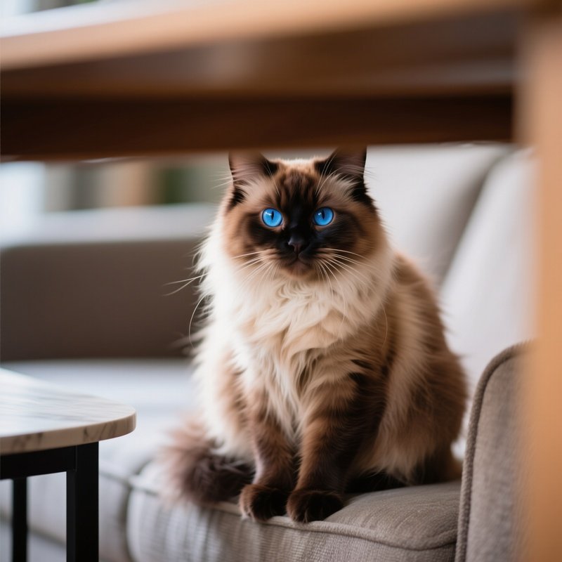 A Turkish Van Cat Peeks Over Couch Edge