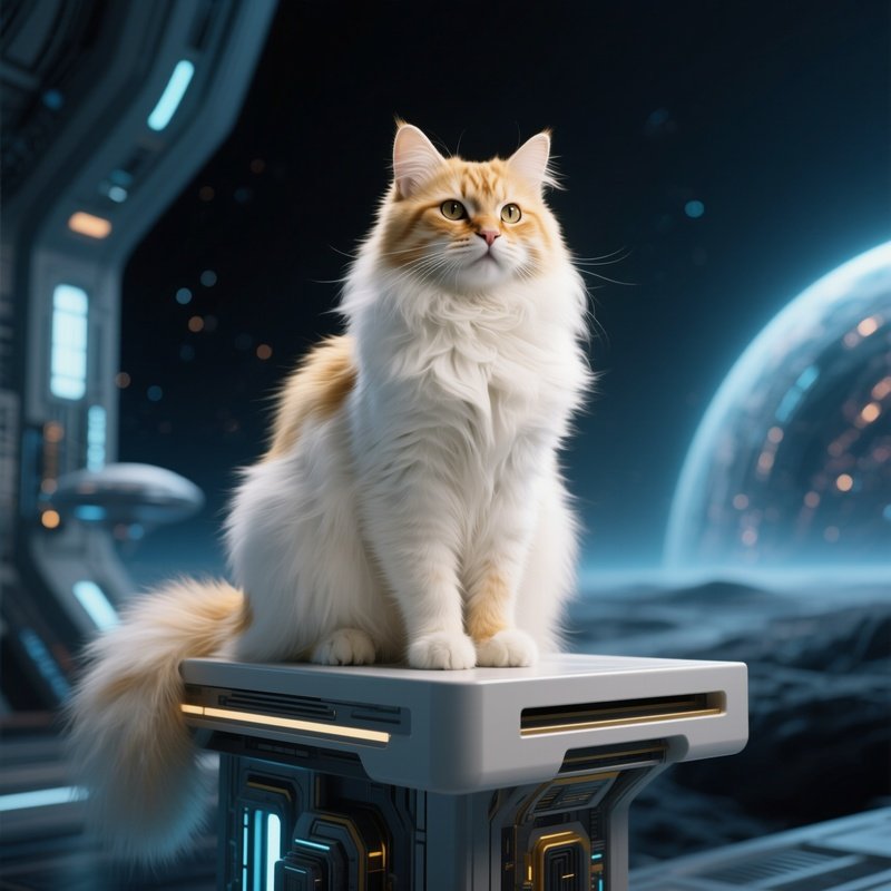 A Turkish Van Perched On High Shelf In Science Fiction Setting