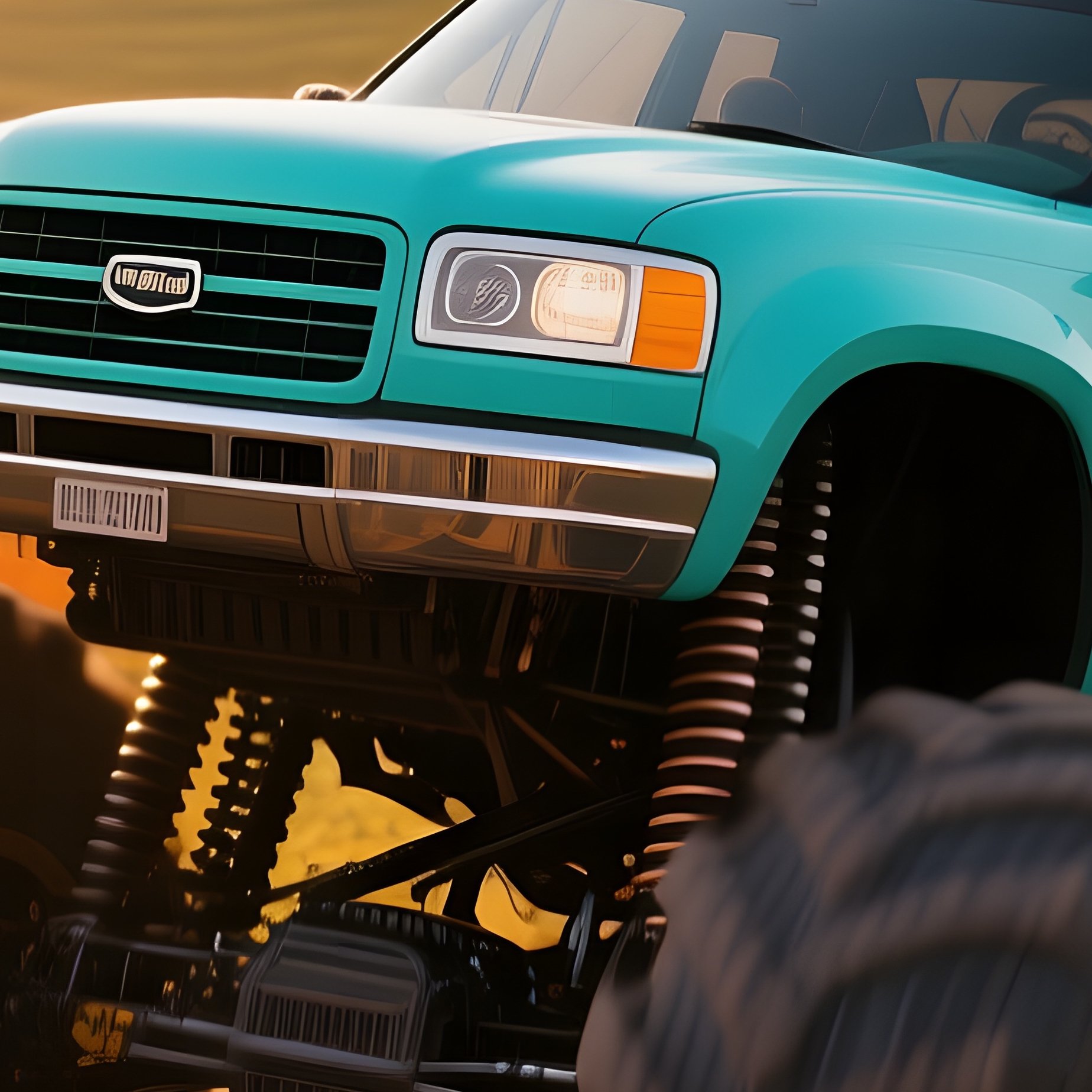 A Turquoise Monster Truck Powers Over A Field Of Giant Inflatable Pumpkins At Sunrise, Golden Light - Full Resolution Quality Preview