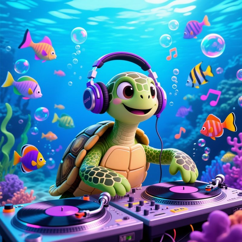 A Turtle Dj At An Underwater Rave Image
