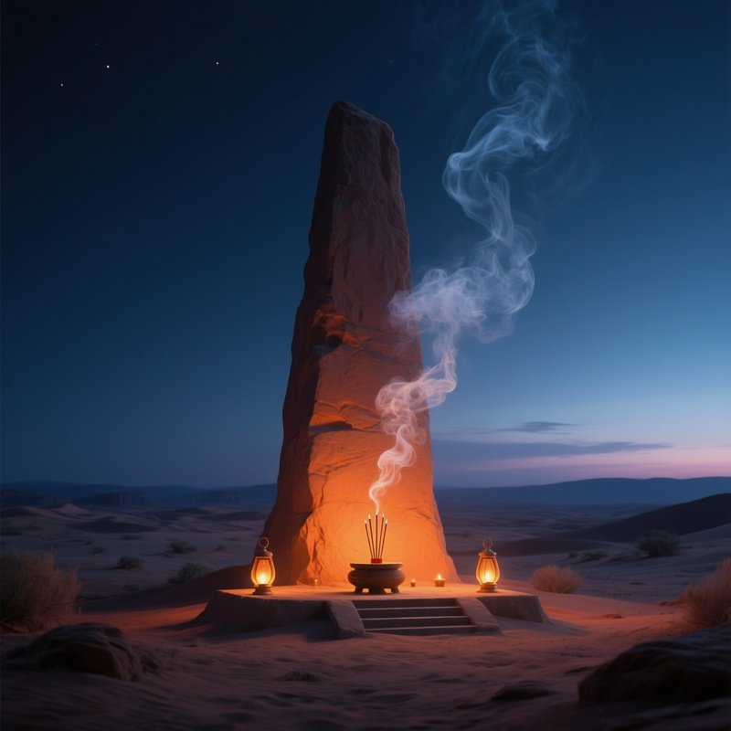 A Twilight Desert Monolith Altar Beneath A Lone Sandstone Pillar, Soft Orange Glow From Hidden