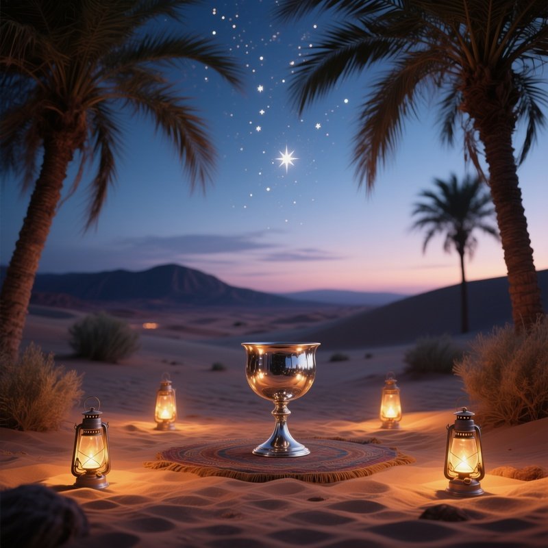 A Twilight Desert Oasis Altar Beneath Palm Fronds, Lanterns Casting Warm Glow On Sand, A Silver