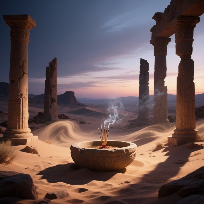 A Twilight Desert Ruin Altar Amidst Broken Columns, Sand Swirling Around An Ancient Stone Basin