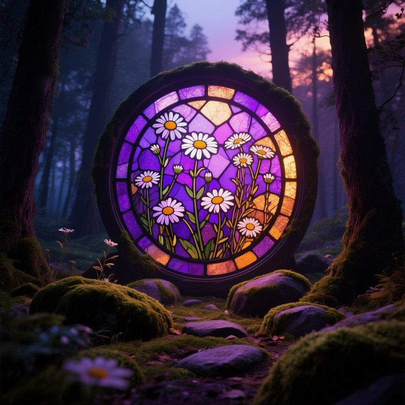 A Twilight Forest Clearing Where A Large Circular Stained Glass Window Depicts Wild Daisies,