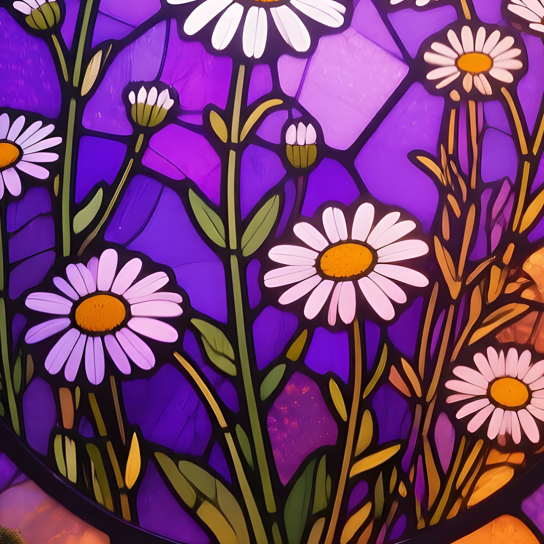 A Twilight Forest Clearing Where A Large Circular Stained Glass Window Depicts Wild Daisies, - Full Resolution Quality Preview