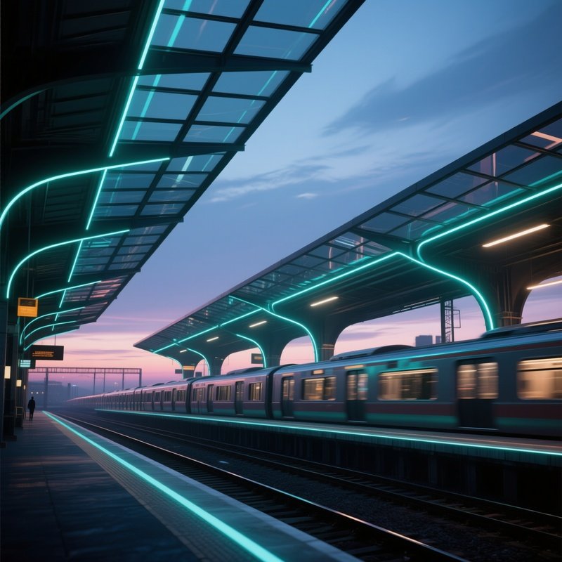 A Twilight Scene Of A Modernist Train Station With Sweeping Glass Roofs, Neon Lines Tracing The