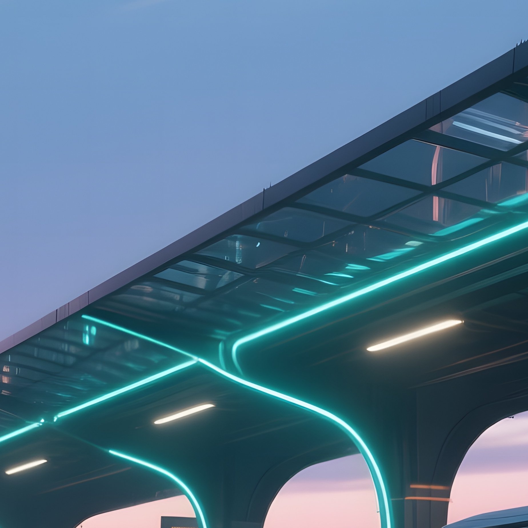 A Twilight Scene Of A Modernist Train Station With Sweeping Glass Roofs, Neon Lines Tracing The - Full Resolution Quality Preview