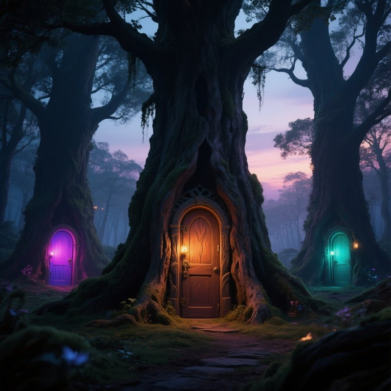 A Twilight Scene Where Massive Ancient Trees Have Doors Carved Into Their Trunks, Each Door