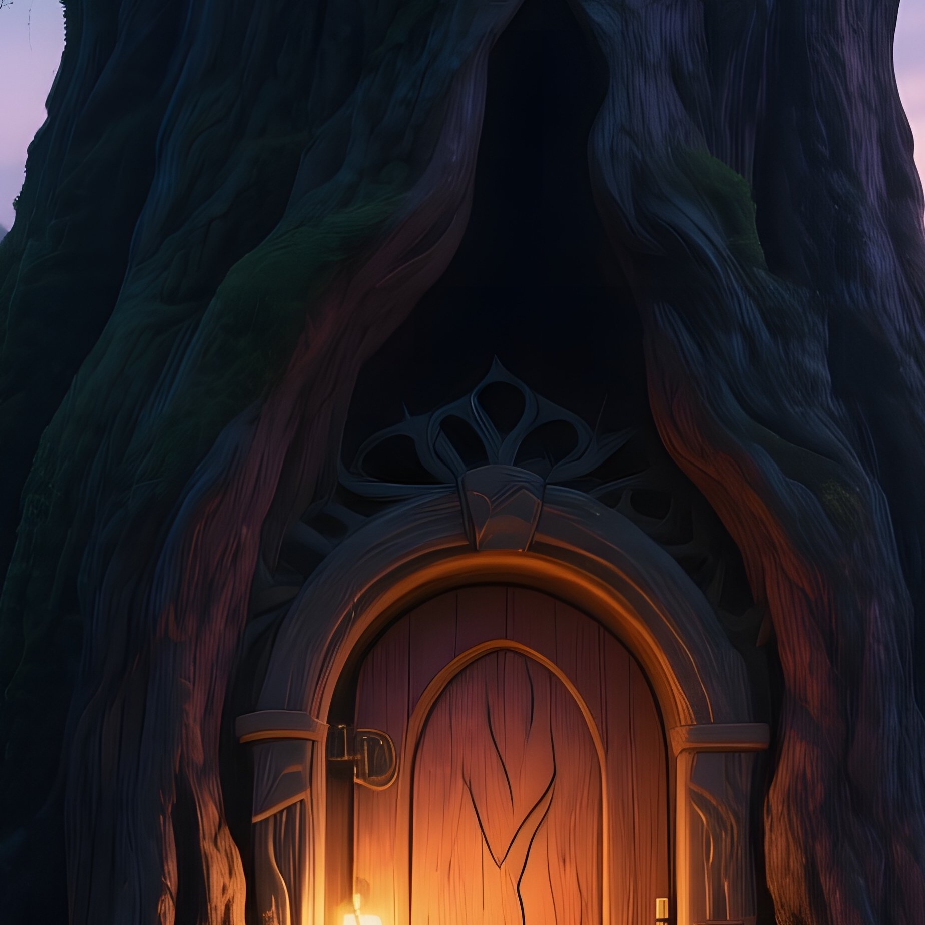 A Twilight Scene Where Massive Ancient Trees Have Doors Carved Into Their Trunks, Each Door - Full Resolution Quality Preview
