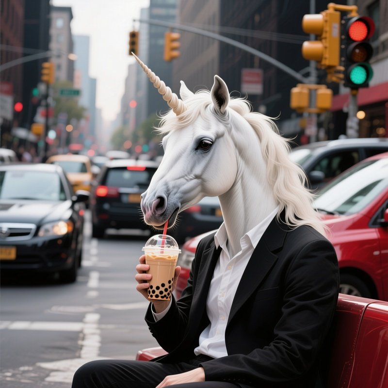 A Unicorn Sitting In Traffic Drinking Bubble Tea Still Life