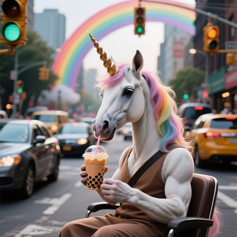 A Unicorn Sitting In Traffic Drinking Bubble Tea