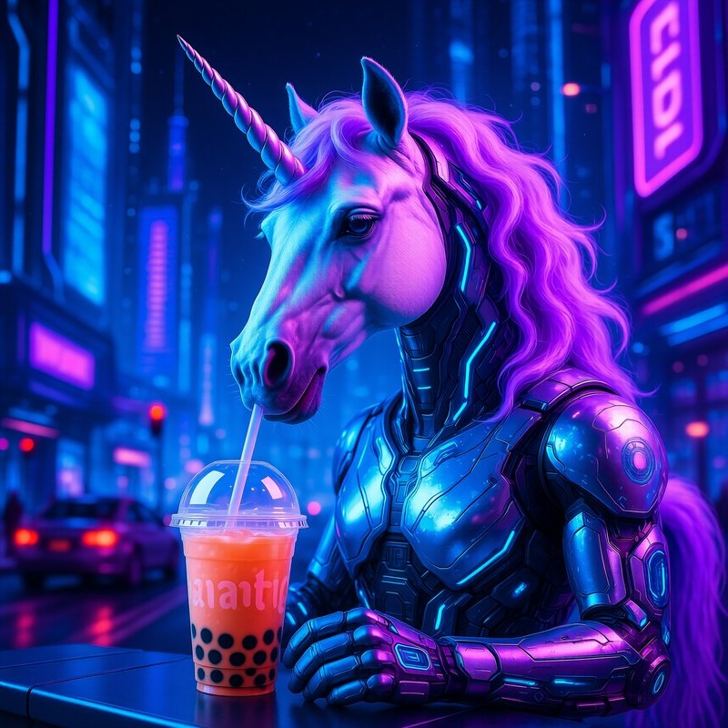 A Unicorn Sitting In Traffic Drinking Bubble Tea Science Fiction