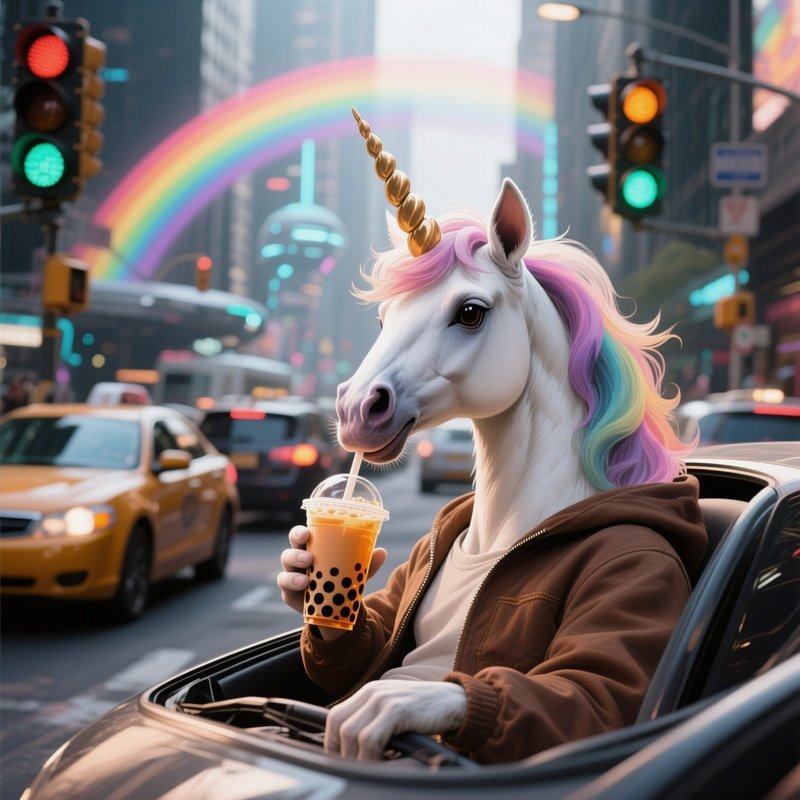 A Unicorn Sitting In Traffic Drinking Bubble Tea2