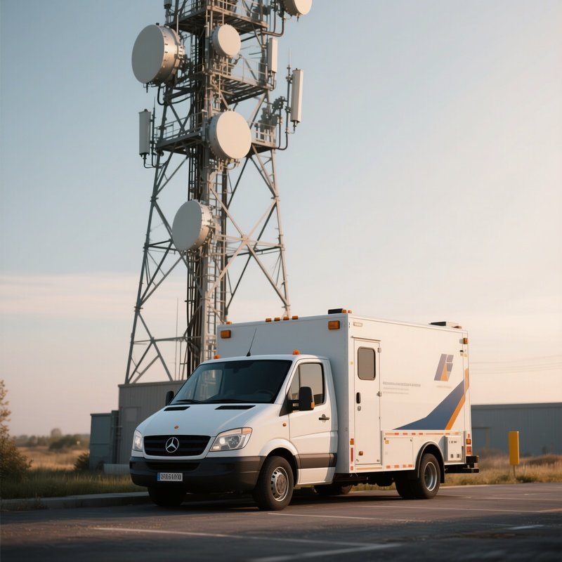A Utility Van Parked Beneath A Telecommunications Tower