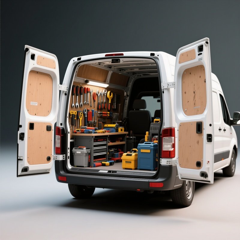 A Utility Van With Open Rear Doors Exposing Tools And Equipment