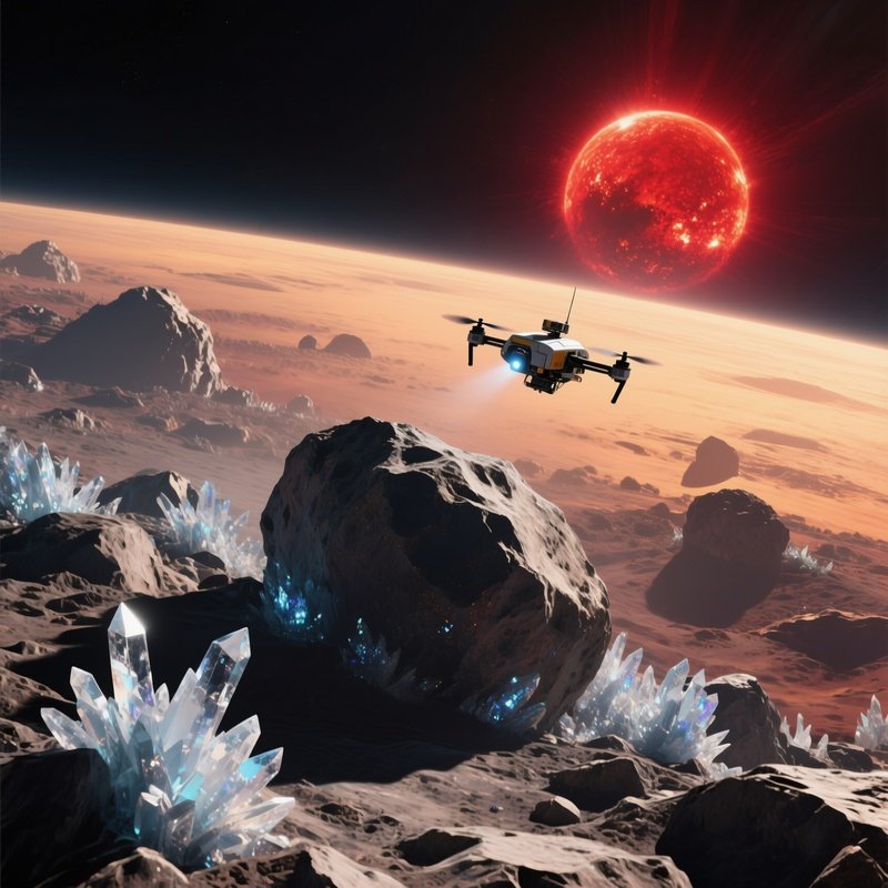 A Vast Asteroid Belt Illuminated By A Distant Red Dwarf Star, Casting Long Amber Shadows Across