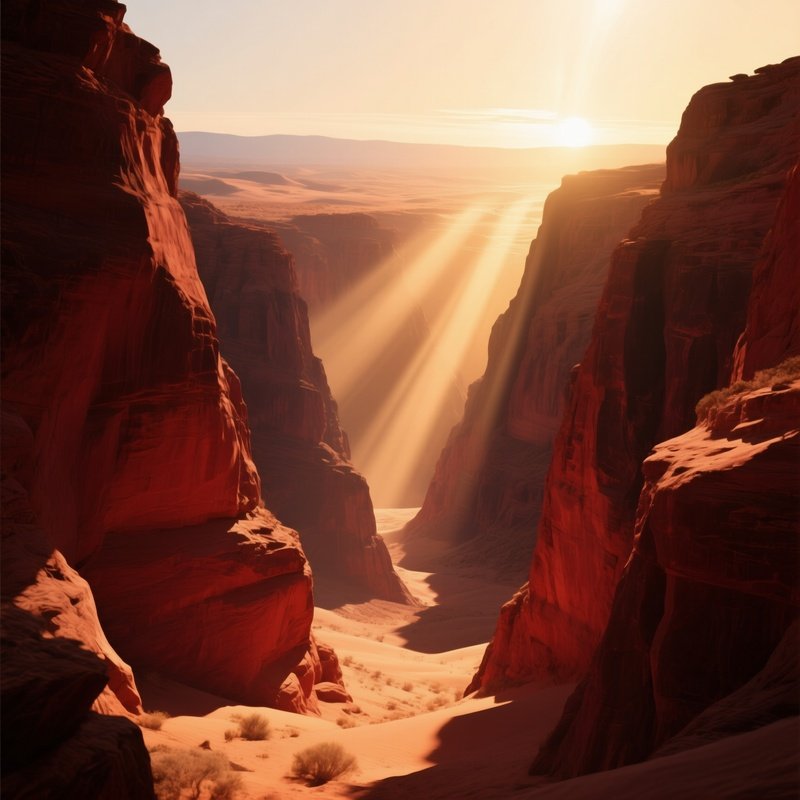 A Vast Desert Canyon At Golden Hour, Sun Rays Streaming Through Narrow Gaps To Illuminate Red