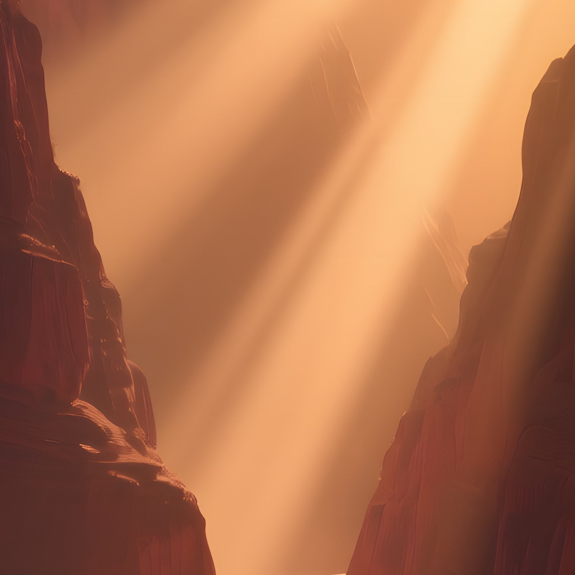 A Vast Desert Canyon At Golden Hour, Sun Rays Streaming Through Narrow Gaps To Illuminate Red - Full Resolution Quality Preview