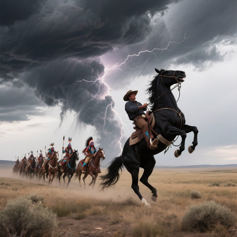 A Vast Open Plain Under A Stormy Sky, Dark Clouds Swirling, A Lone Cowboy On A Black Stallion Rears