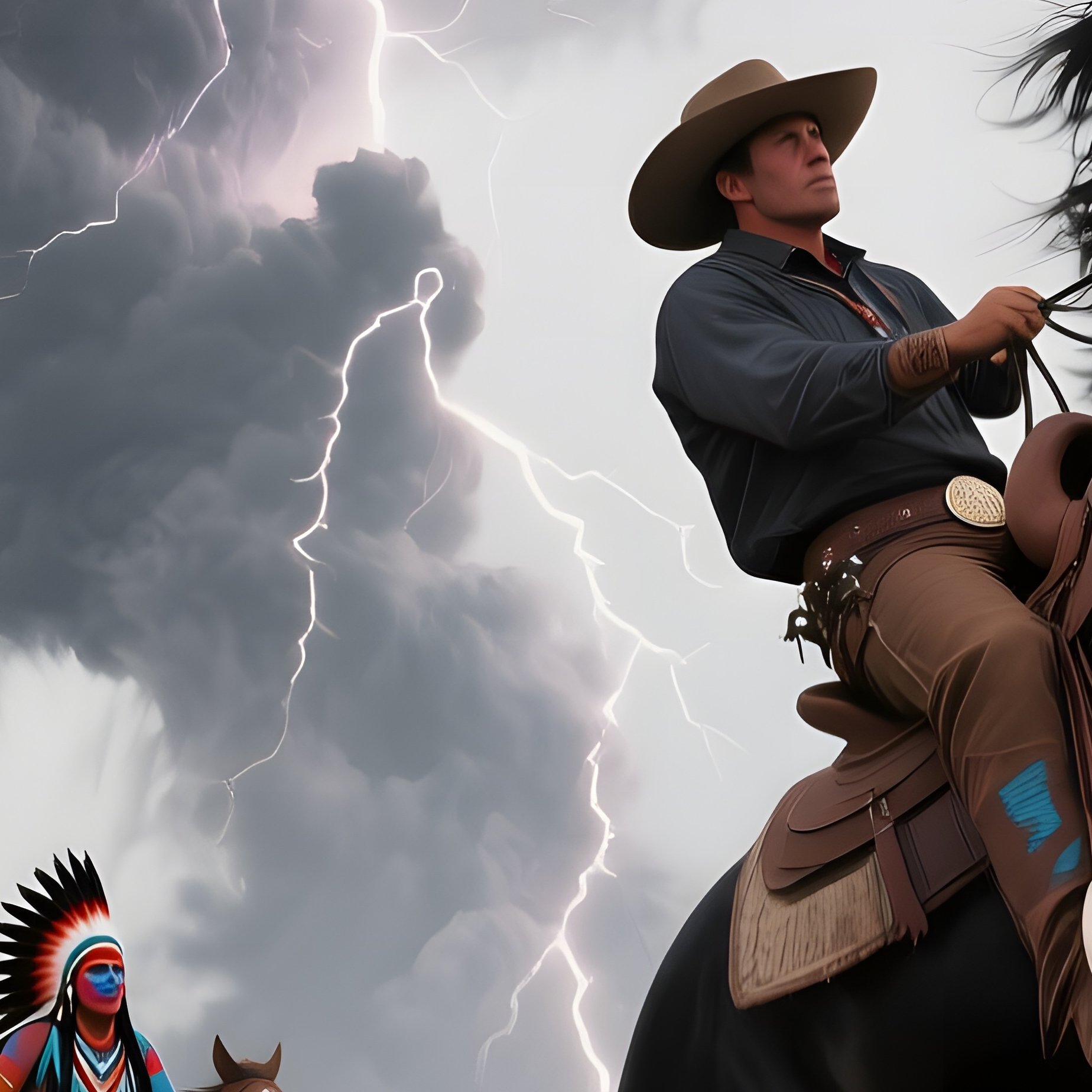 A Vast Open Plain Under A Stormy Sky, Dark Clouds Swirling, A Lone Cowboy On A Black Stallion Rears - Full Resolution Quality Preview