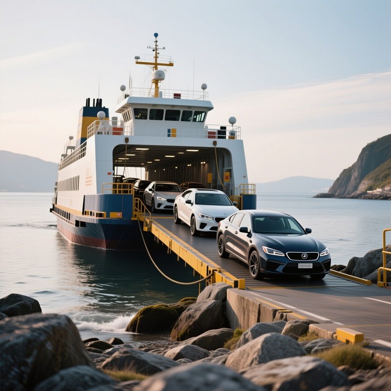 A Vehicle Ferry Unloading Cars At A Rocky Shore Ramp