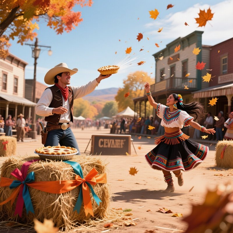A Vibrant Autumn Festival In A Frontier Town Square, Hay Bales Decorated With Ribbons, A Cowboy
