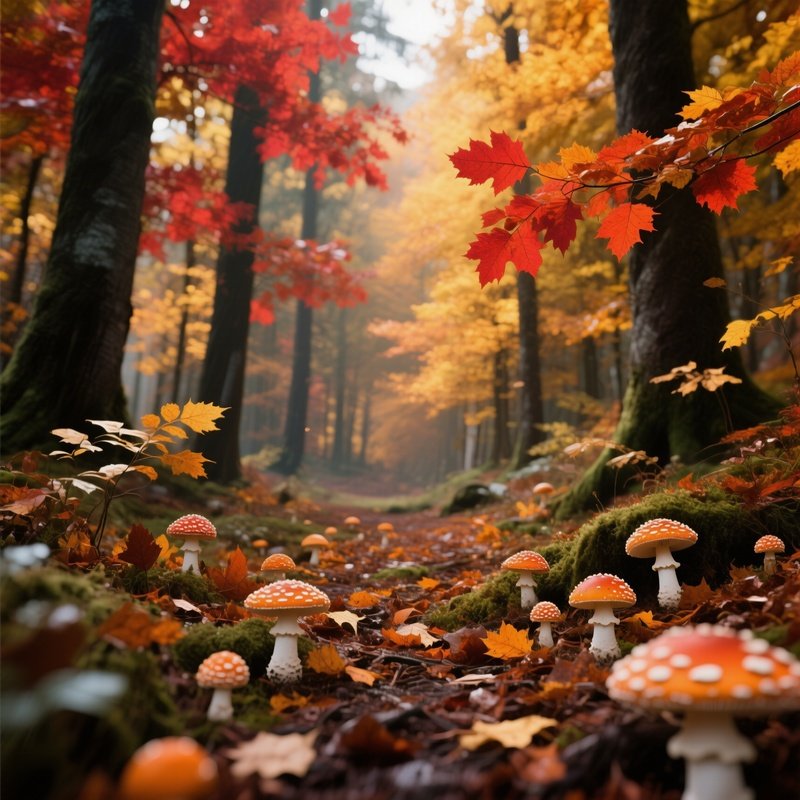 A Vibrant Autumn Forest In The Black Forest Region, Leaves Turning Crimson And Gold, Scattered