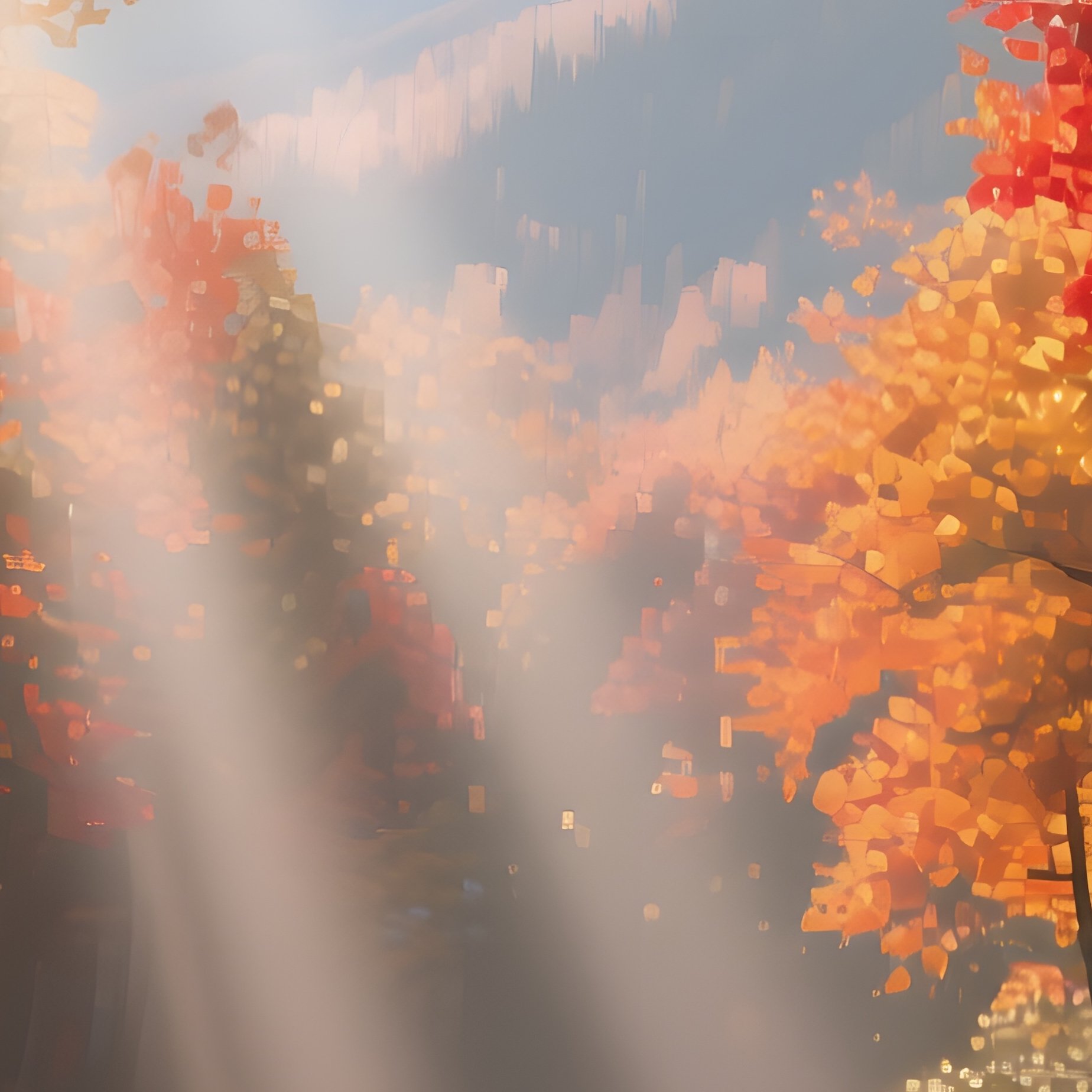 A Vibrant Autumn Forest Trail, Leaves A Mosaic Of Red, Orange, And Gold, Shafts Of Sunlight - Full Resolution Quality Preview