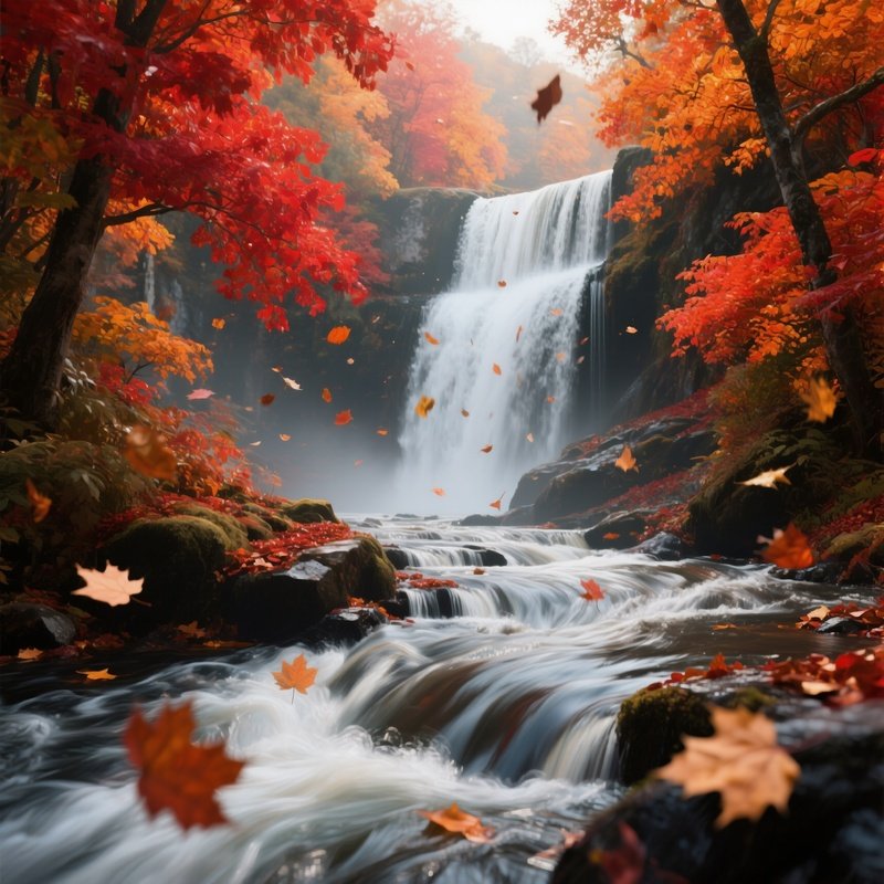 A Vibrant Autumn Scene Of A Waterfall Surrounded By Fiery Red And Orange Foliage, Fallen Leaves