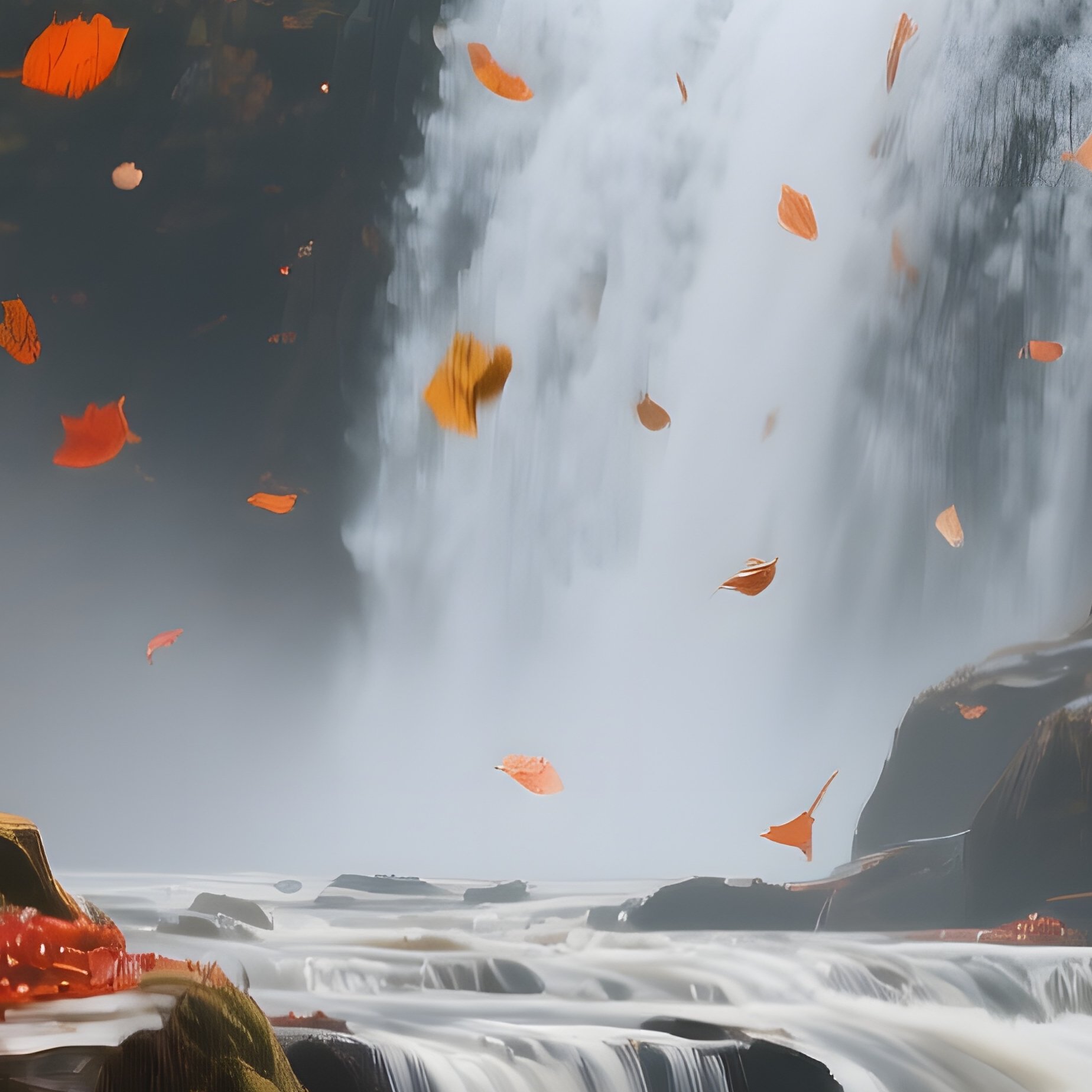 A Vibrant Autumn Scene Of A Waterfall Surrounded By Fiery Red And Orange Foliage, Fallen Leaves - Full Resolution Quality Preview