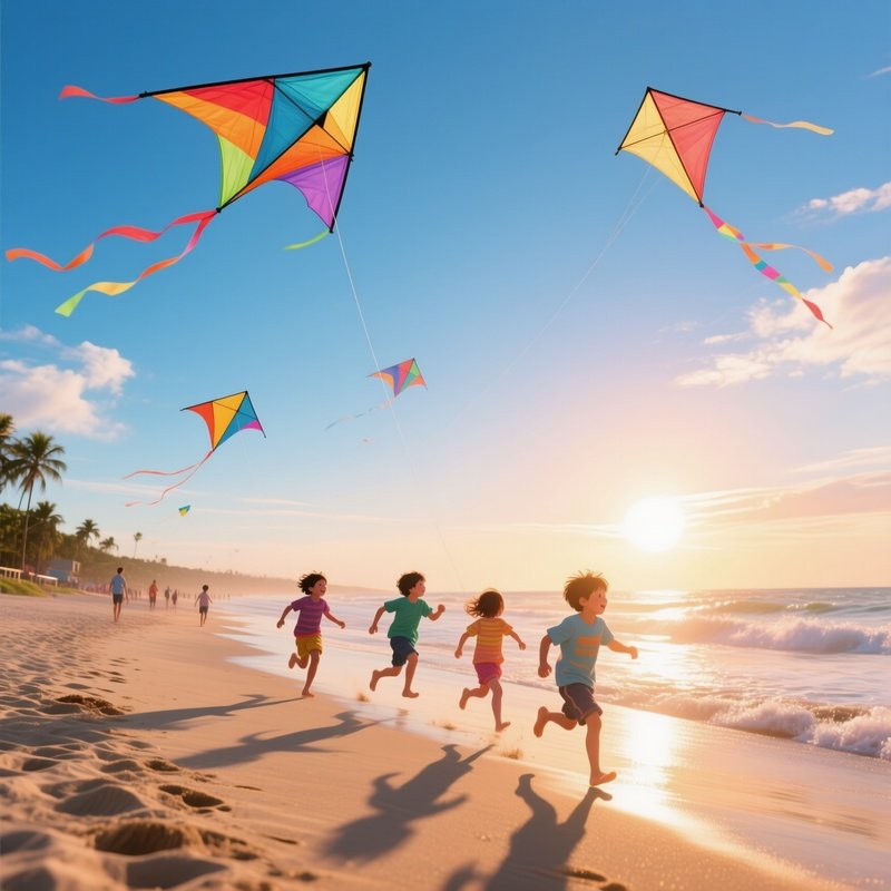 A Vibrant Beach Scene In The Late Afternoon, With Colorful Kites Flying In The Sky, Children