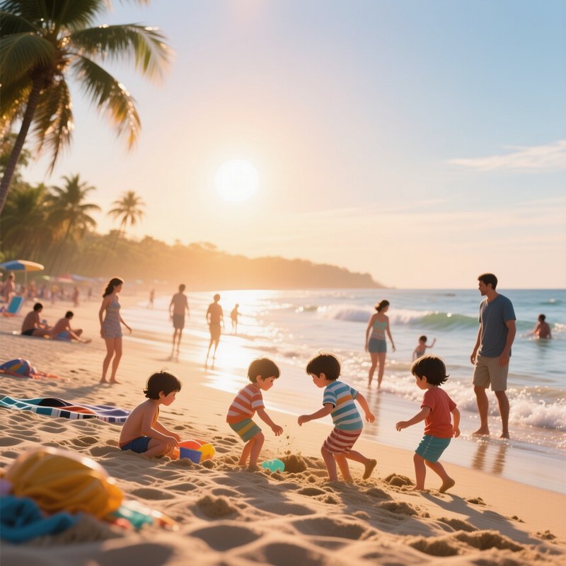 A Vibrant Beach Scene In The Late Afternoon, With Children Playing In The Sand, Families Enjoying