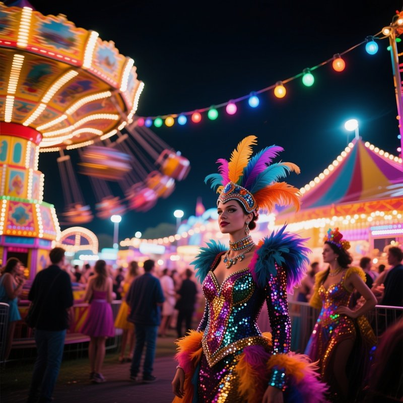 A Vibrant Carnival At Night, Illuminated By Colorful String Lights, Rides Spinning With Motion
