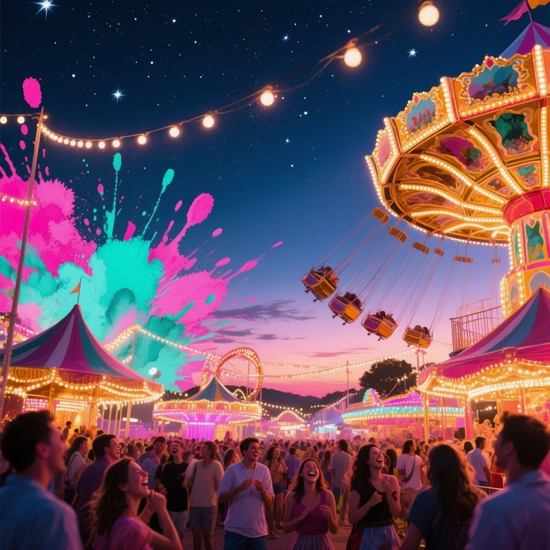 A Vibrant Carnival At Twilight, Rides Illuminated By String Lights, Watercolor Bursts Of Magenta,
