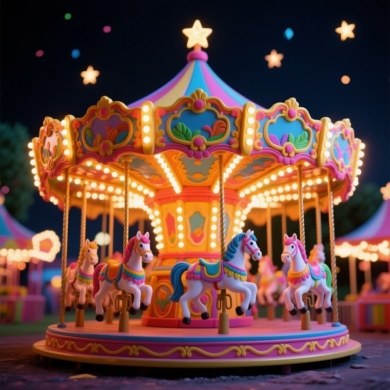 A Vibrant Carnival Carousel At Night, Painted Horses And Ornate Canopy Made Of Colorful Polymer