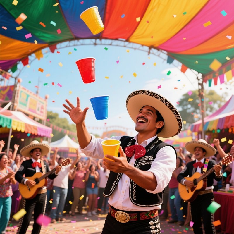 A Vibrant Carnival Fair In Mexico Under Colorful Canopies, A Charismatic Vendor Flips Three Plastic