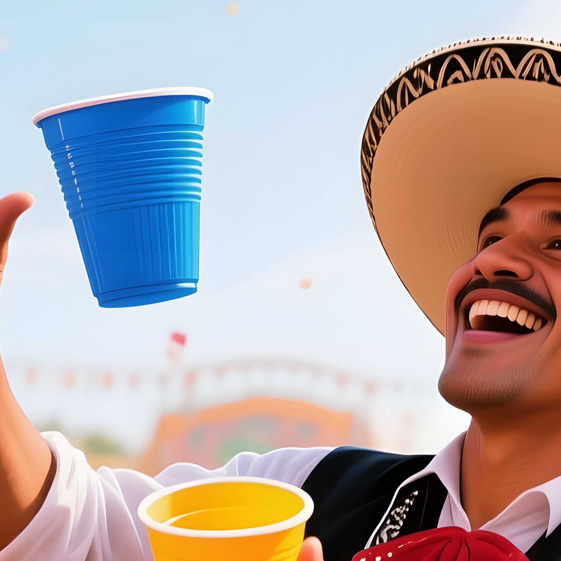 A Vibrant Carnival Fair In Mexico Under Colorful Canopies, A Charismatic Vendor Flips Three Plastic - Full Resolution Quality Preview