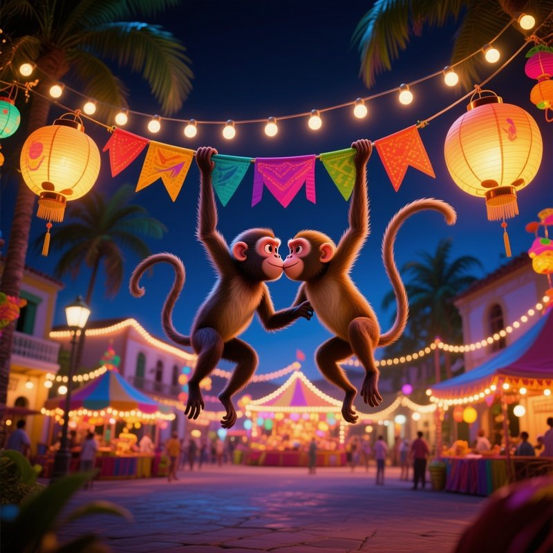 A Vibrant Carnival Night In A Tropical Town Square, Two Capuchin Monkeys Swing From A Colorful