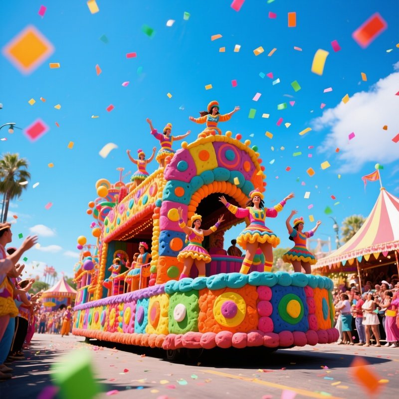 A Vibrant Carnival Parade At Midday, Floats And Performers Made From Bright, Patterned Clay,