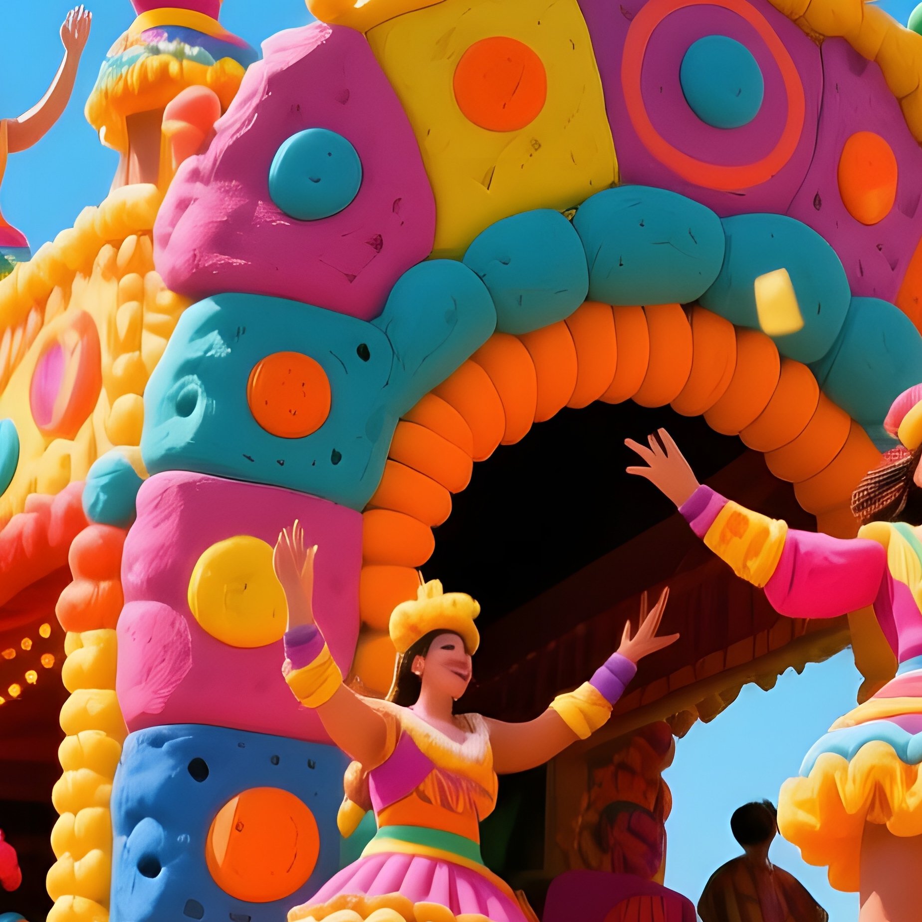 A Vibrant Carnival Parade At Midday, Floats And Performers Made From Bright, Patterned Clay, - Full Resolution Quality Preview