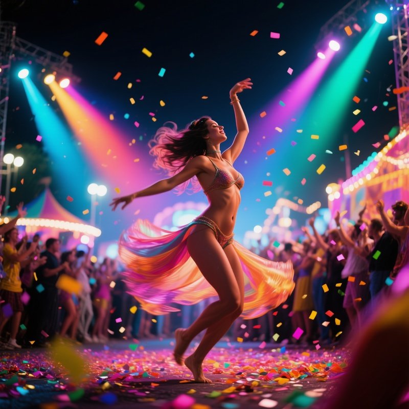 A Vibrant Carnival Parade At Night, A Nude Dancer Twirling Among Confetti, Colorful Spotlights