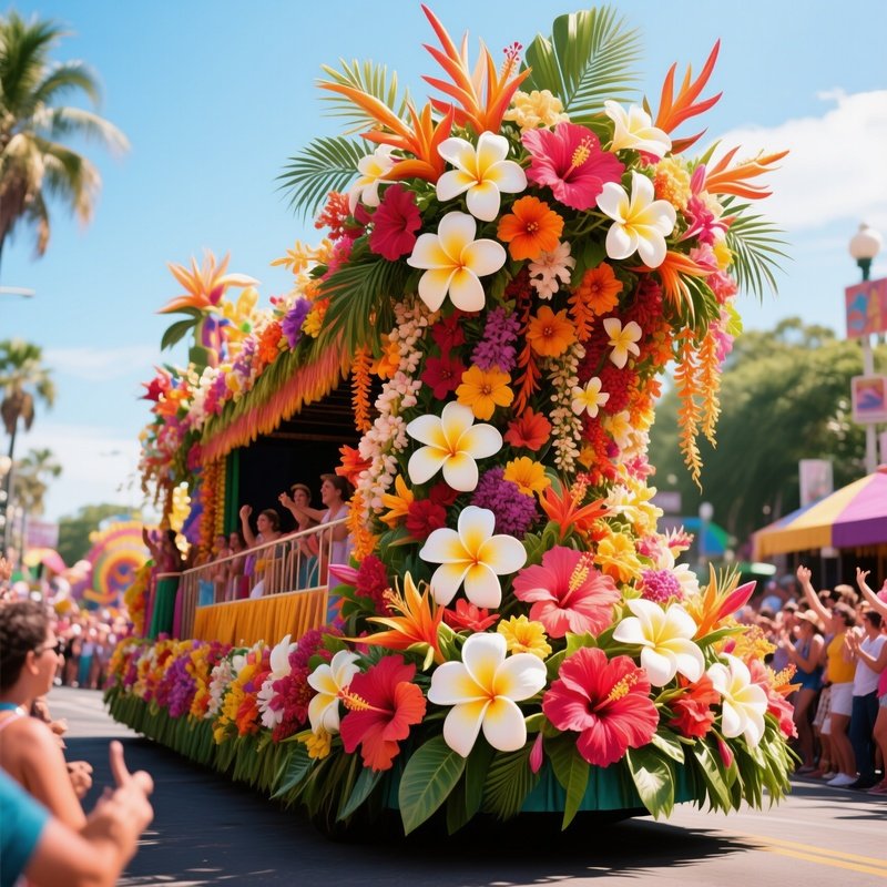 A Vibrant Carnival Parade Float Adorned With An Extravagant Cascade Of Tropical Flowers—Plumeria,
