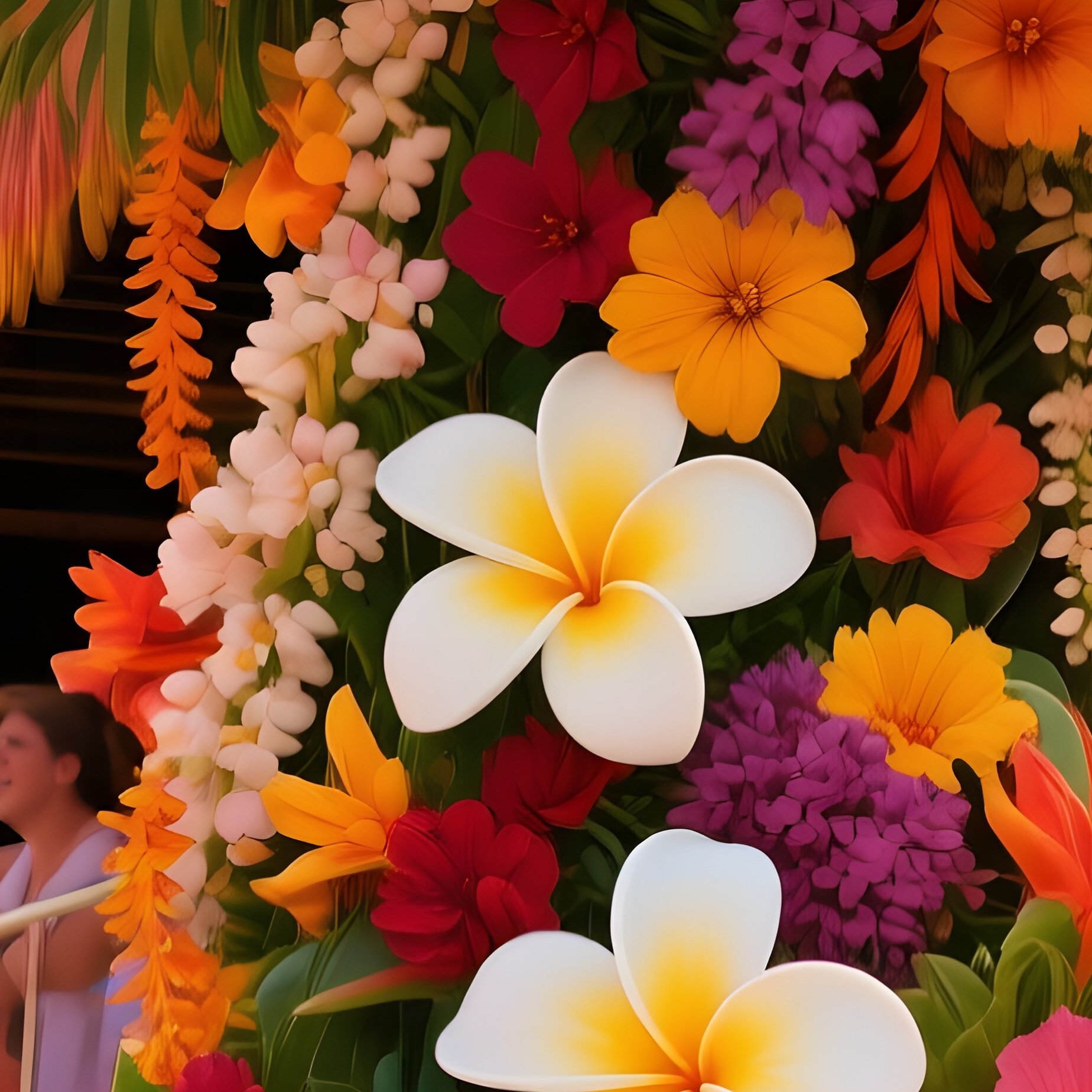 A Vibrant Carnival Parade Float Adorned With An Extravagant Cascade Of Tropical Flowers—Plumeria, - Full Resolution Quality Preview