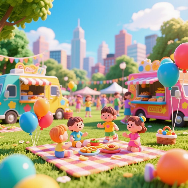 A Vibrant City Park During A Summer Festival, Picnic Blankets, Balloons, And Food Trucks All