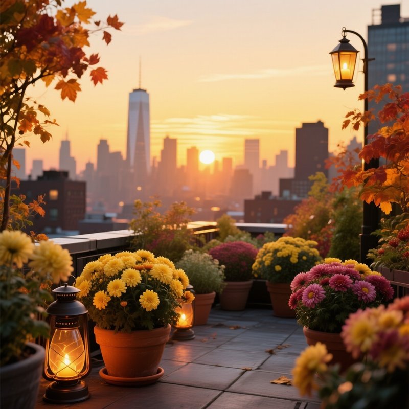 A Vibrant City Rooftop Garden In Early Autumn, Potted Chrysanthemums, Warm Lanterns, Skyline