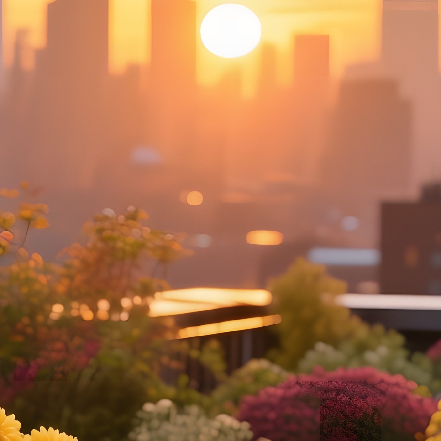 A Vibrant City Rooftop Garden In Early Autumn, Potted Chrysanthemums, Warm Lanterns, Skyline - Full Resolution Quality Preview
