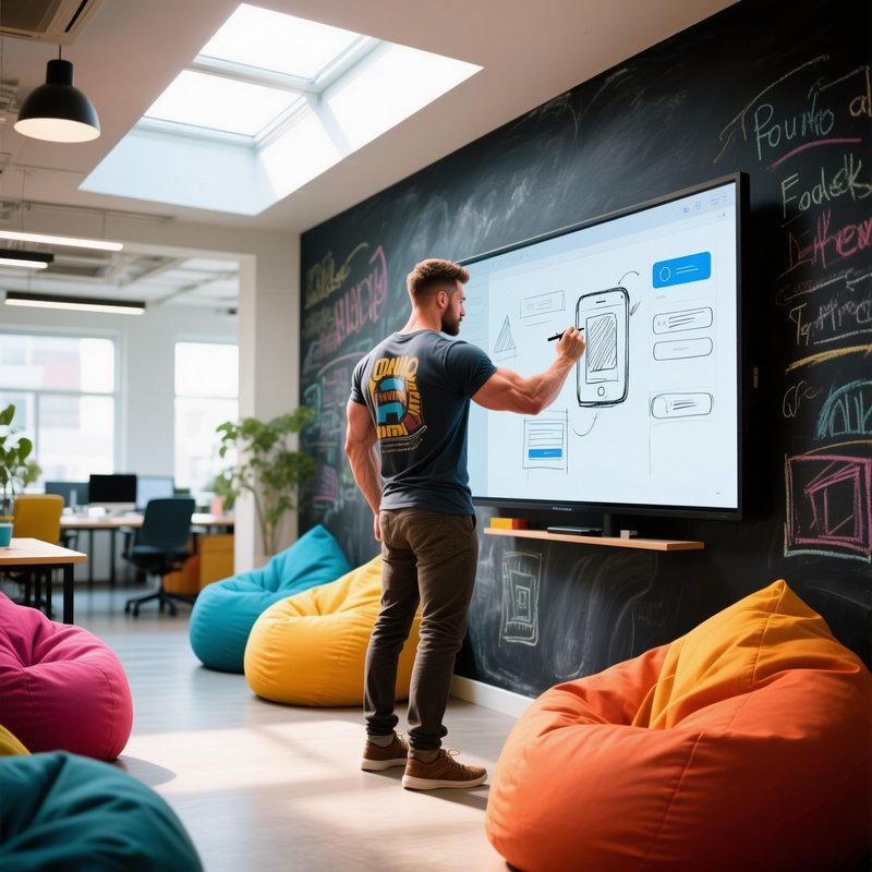 A Vibrant Coworking Space With Colorful Bean Bags And Chalkboard Walls, A Muscular Freelancer In