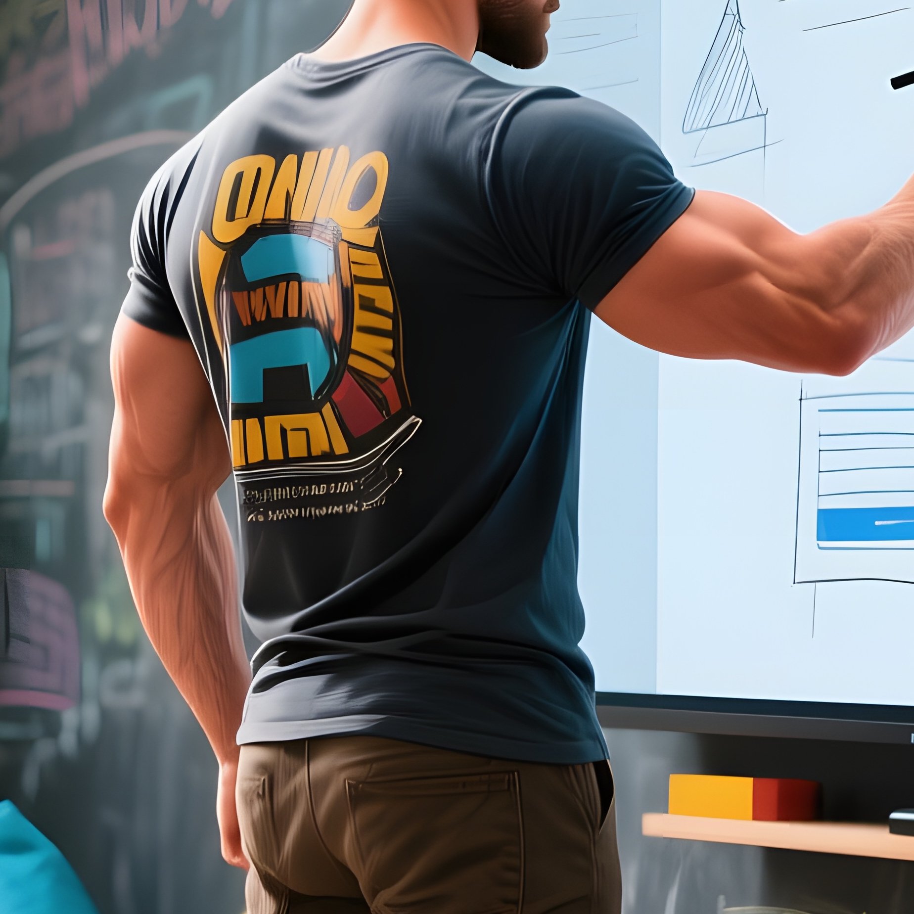 A Vibrant Coworking Space With Colorful Bean Bags And Chalkboard Walls, A Muscular Freelancer In - Full Resolution Quality Preview