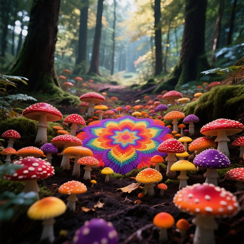 A Vibrant Forest Clearing At Midday With A Kaleidoscope Of Colorful Mushrooms—Red, Orange, Yellow,