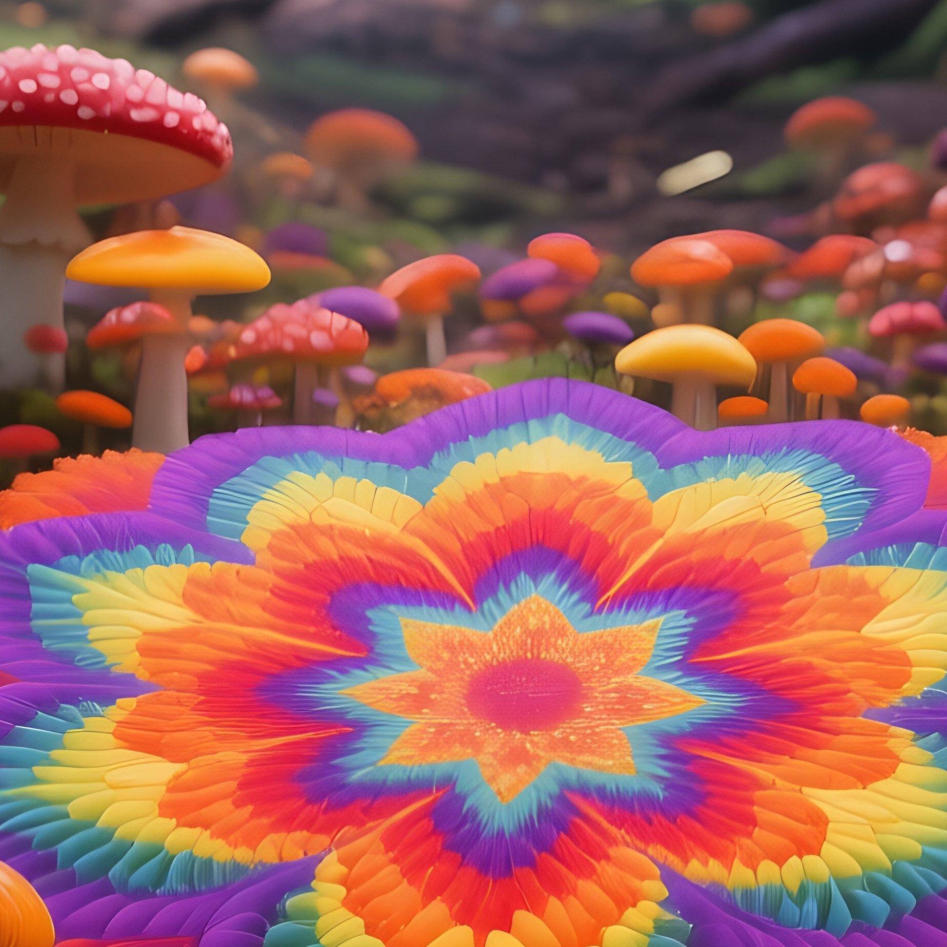 A Vibrant Forest Clearing At Midday With A Kaleidoscope Of Colorful Mushrooms—Red, Orange, Yellow, - Full Resolution Quality Preview